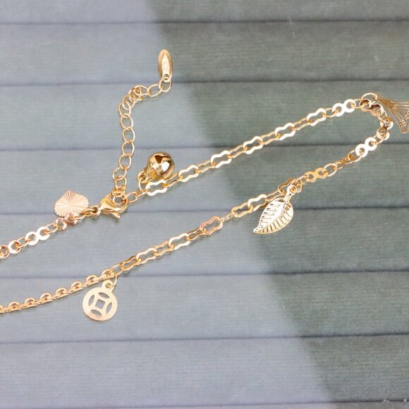 "Rose Gold Plated Dual Chain Anklet with Leaf and Fan Charms, XPAL1194 - Picture 10 of 12
